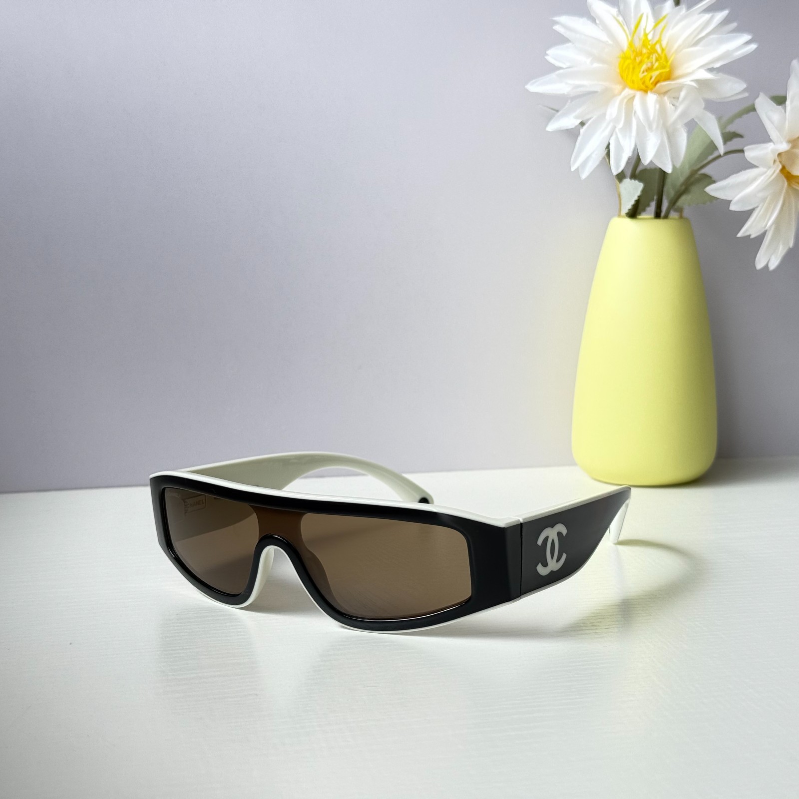 Chanel CH6057 Sunglasses Black/Beige Shield Wrap Brown Lens