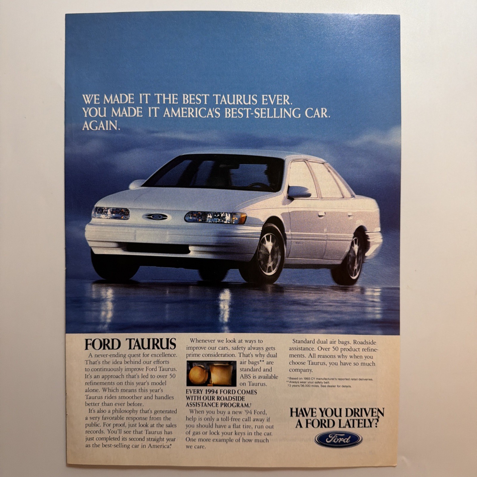 1994 Ford Taurus PRINT AD White 4 Door Sedan Photo Vintage 90s Best Selling Car