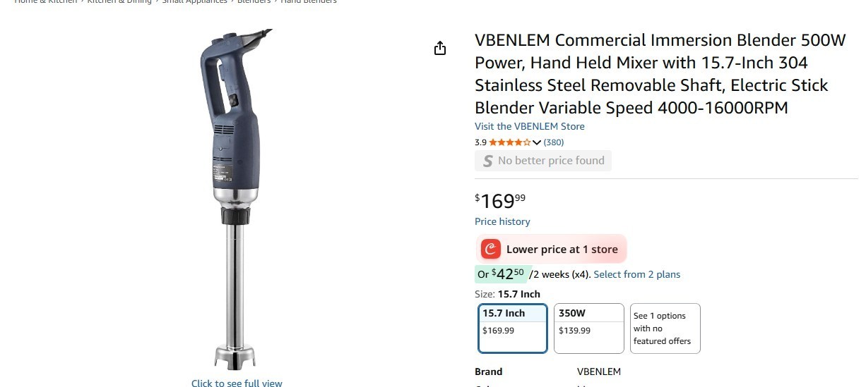 VBENLEM Commercial Immersion Blender 500W Power, Hand Held Mixe , 15.7-Inch