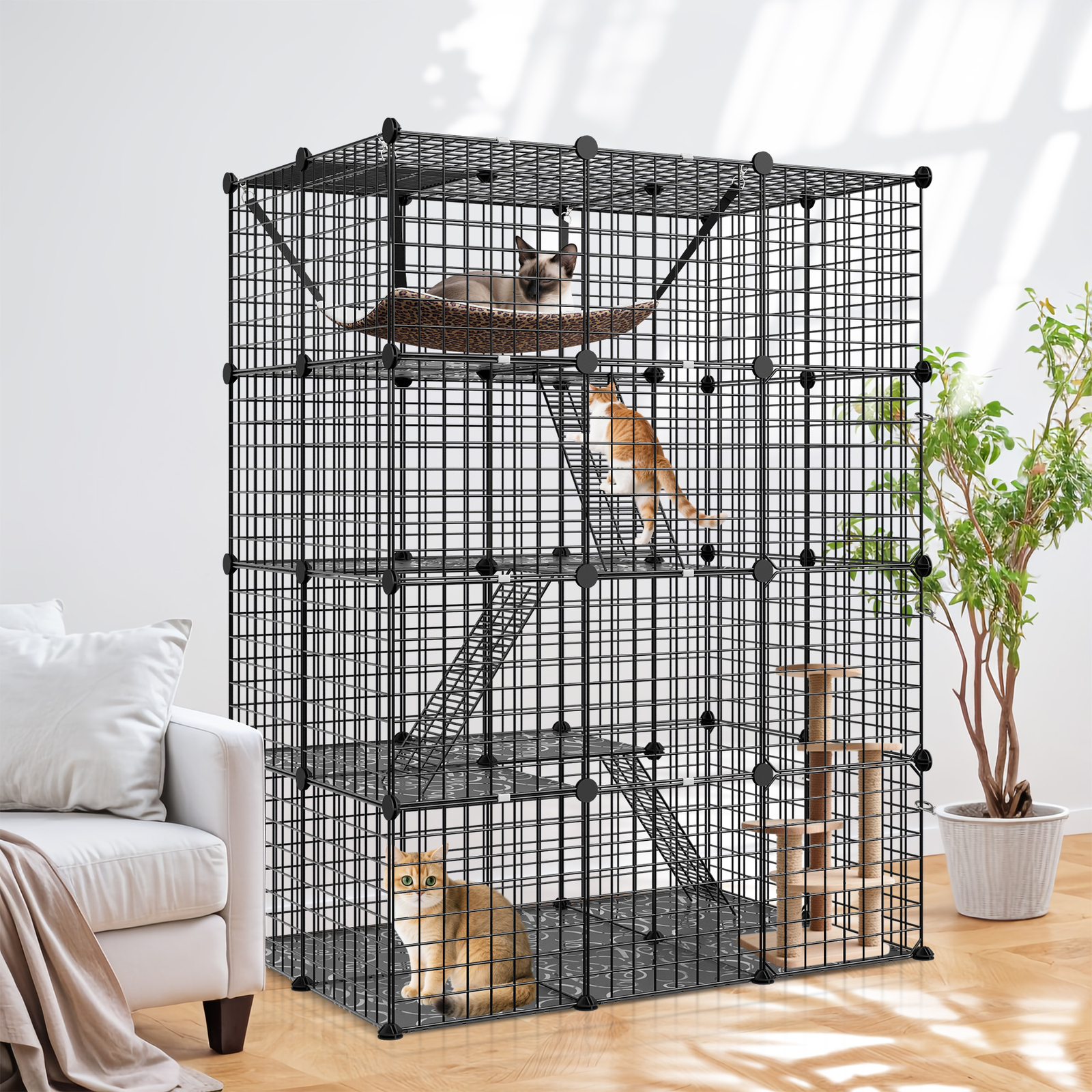 4-Tier Cat Cage DIY Enclosures Large Space Cat Crate Playpen with Hammock Black