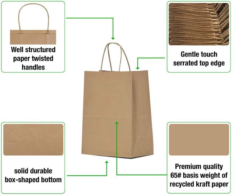 500 Paper Shopping Bags Natural Kraft 10" x 5 x 13" Retail Merchandise Handles