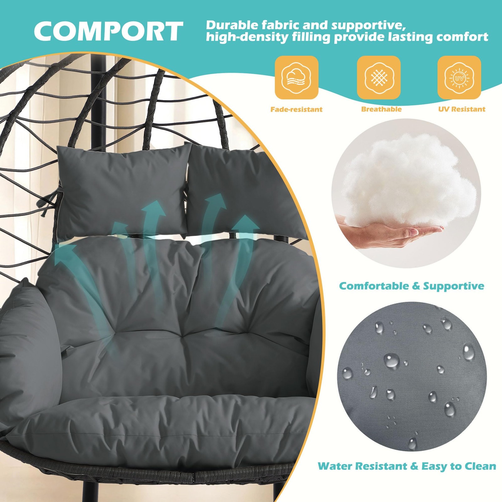 Double Outdoor Hanging Egg Chair with Stand & Oversized Cushion