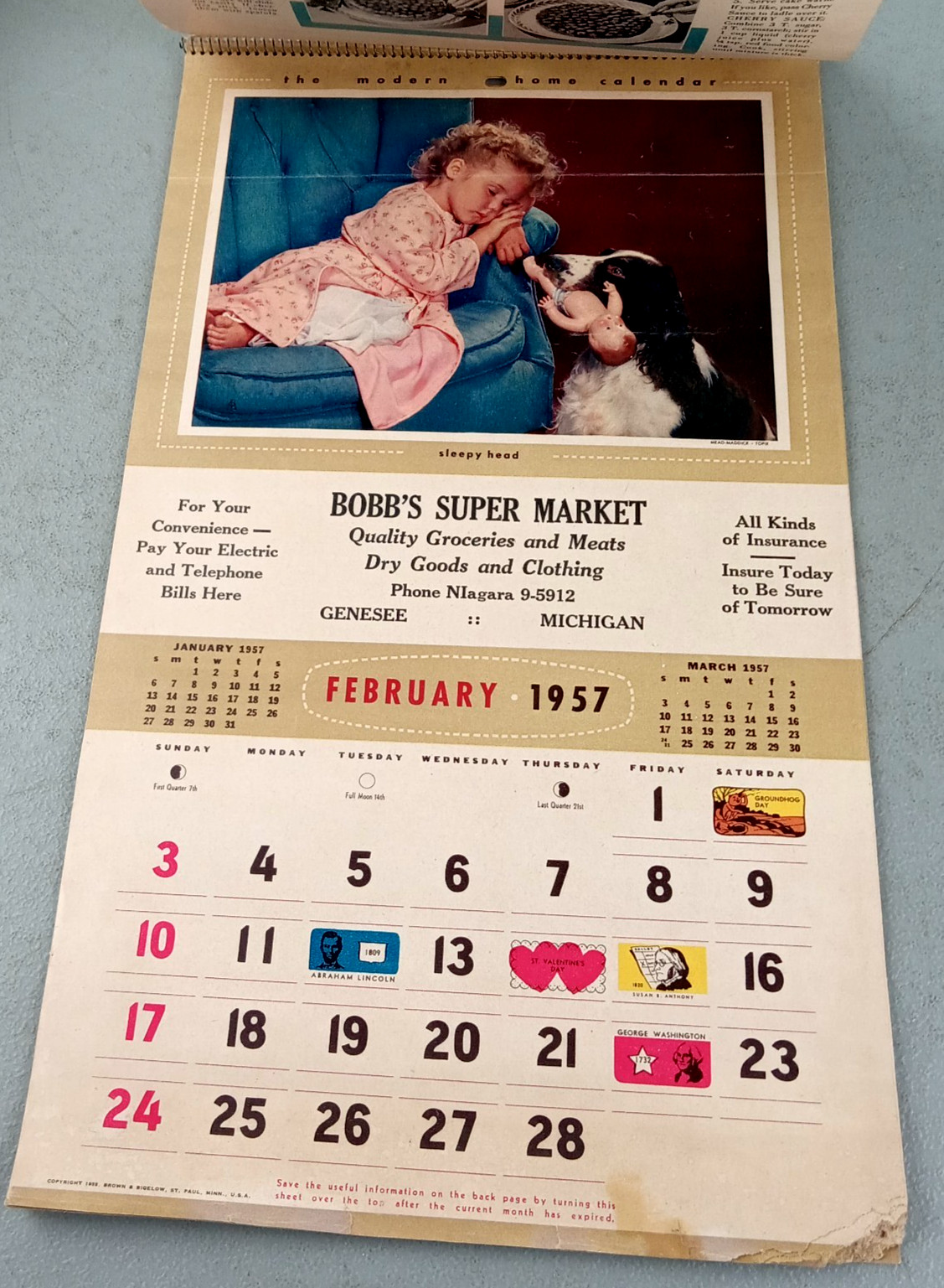 Vintage 1957 BOBB'S SUPER MARKET Genesee, Michigan Advertising Wall Calendar