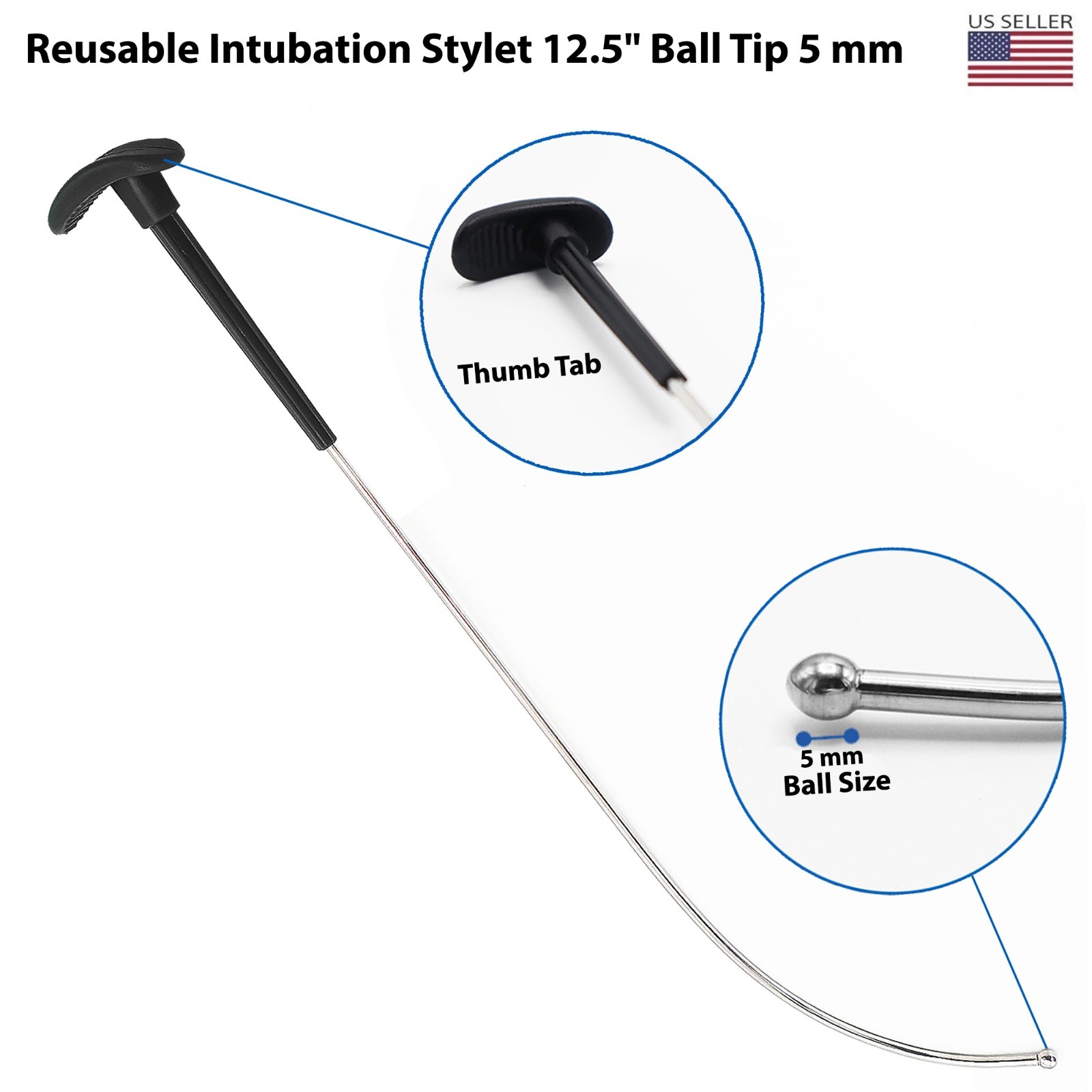 Reusable Intubation Rigid Stylet 12.5" Ball Tip 5 mm Anesthesia Instrument