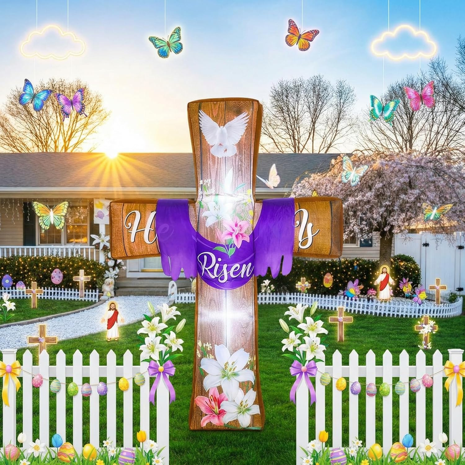 6Ft Easter Inflatables Outdoor Decorations He Is Risen Blow up Cross Yard Decora