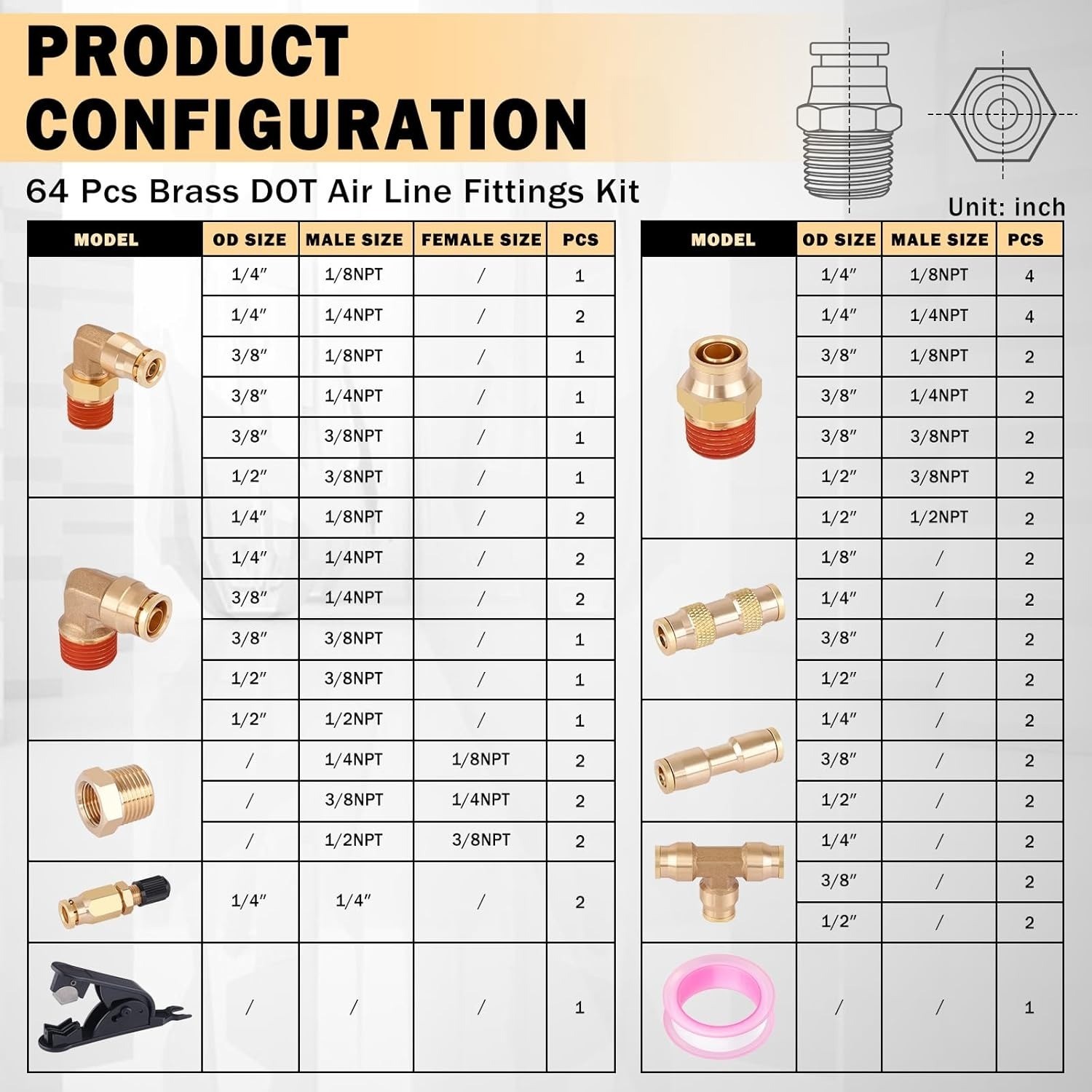 64 Pcs Brass DOT Air Line Fittings Kit Push Lock & Quick Connect Fittings NPT Th