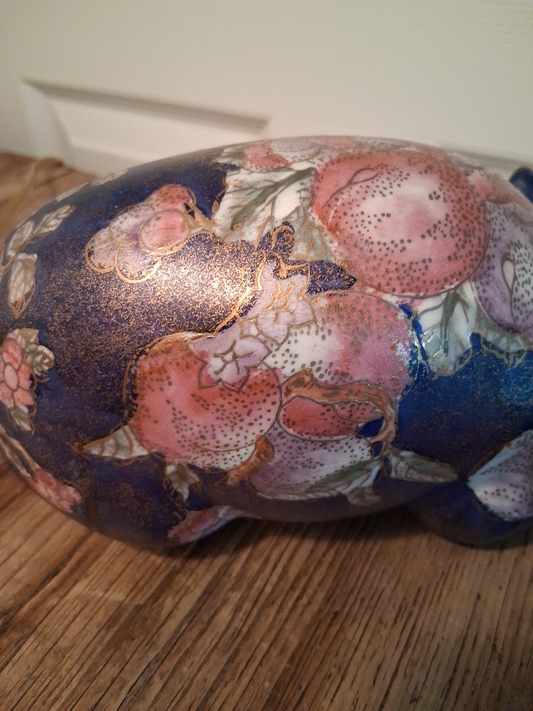 Vintage Asian Sleeping Cat 9.5" Floral Gilded Ceramic Porcelain Hand Painted