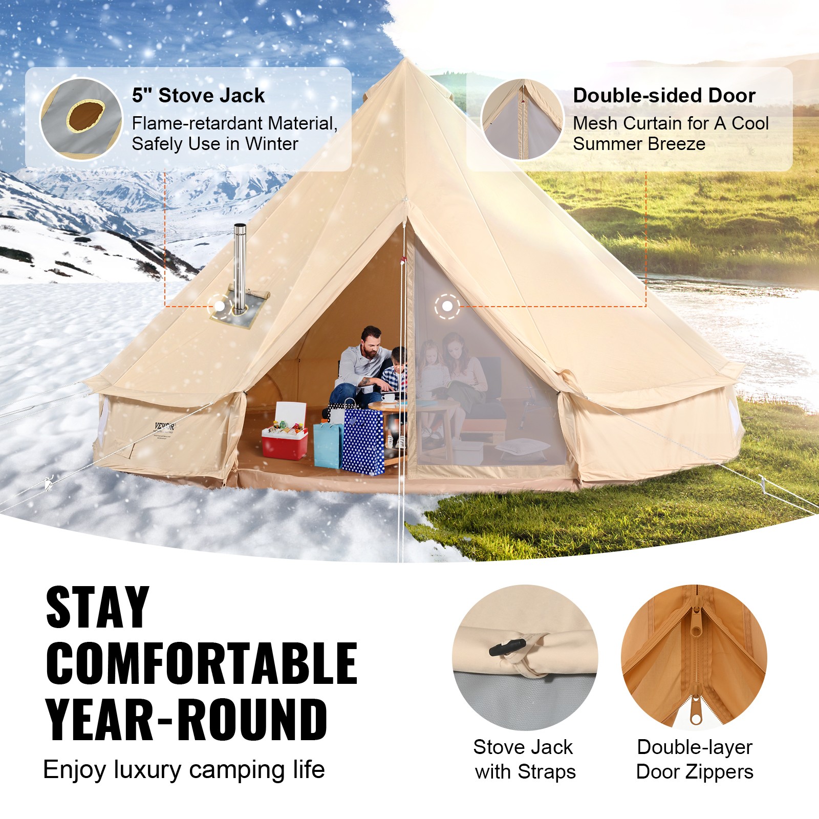 VEVOR Canvas Bell Tent 4m/13.12ft 4-Season Camping Yurt Tent with Stove Jack