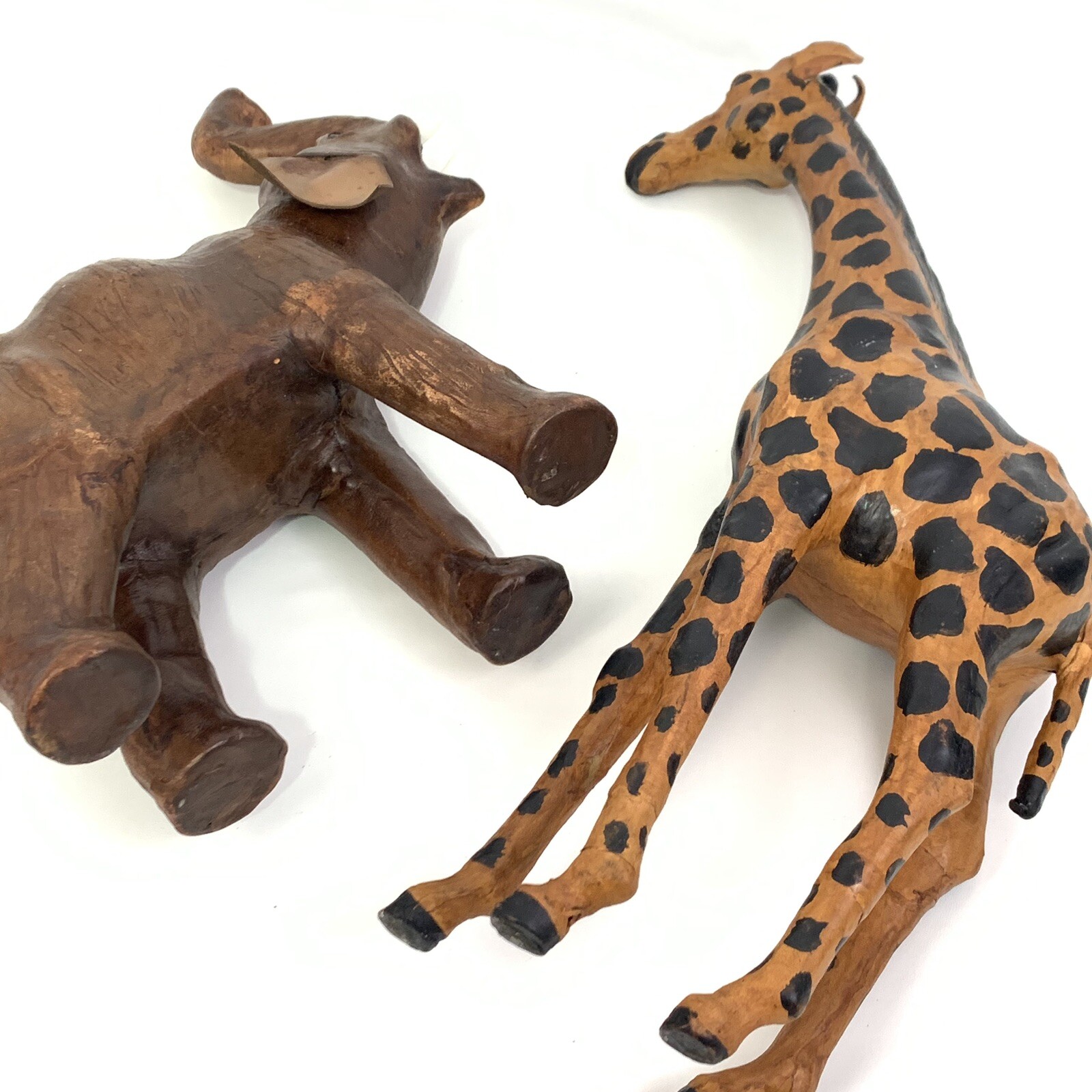 Vintage Elephant & Giraffe Statue Figure Brown Leather Wrapped Home Decor #8627