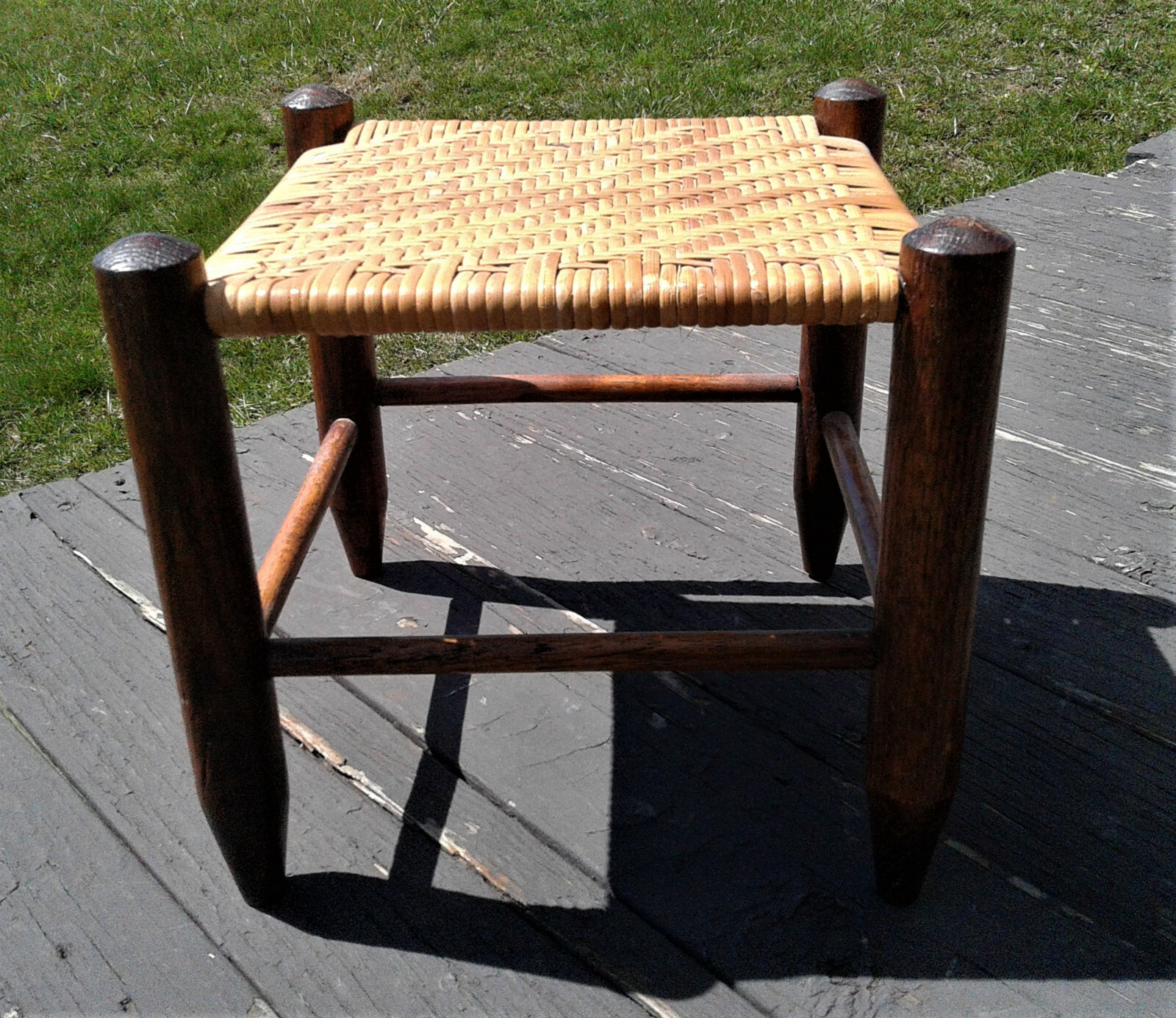 Antique Oak Foot Stool with Hand Woven Seat 1900s Era