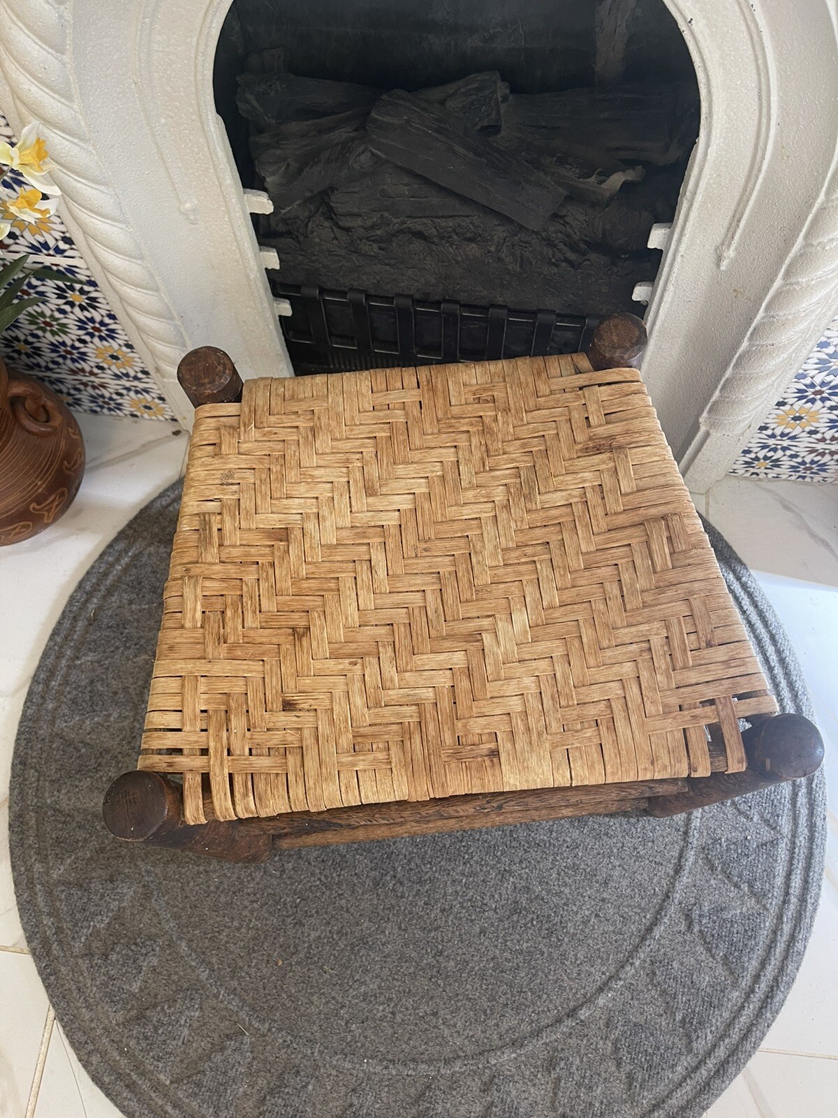 Vintage Oak Footstool Stool Ottoman With Trapezoid Woven Rush Top Handmade