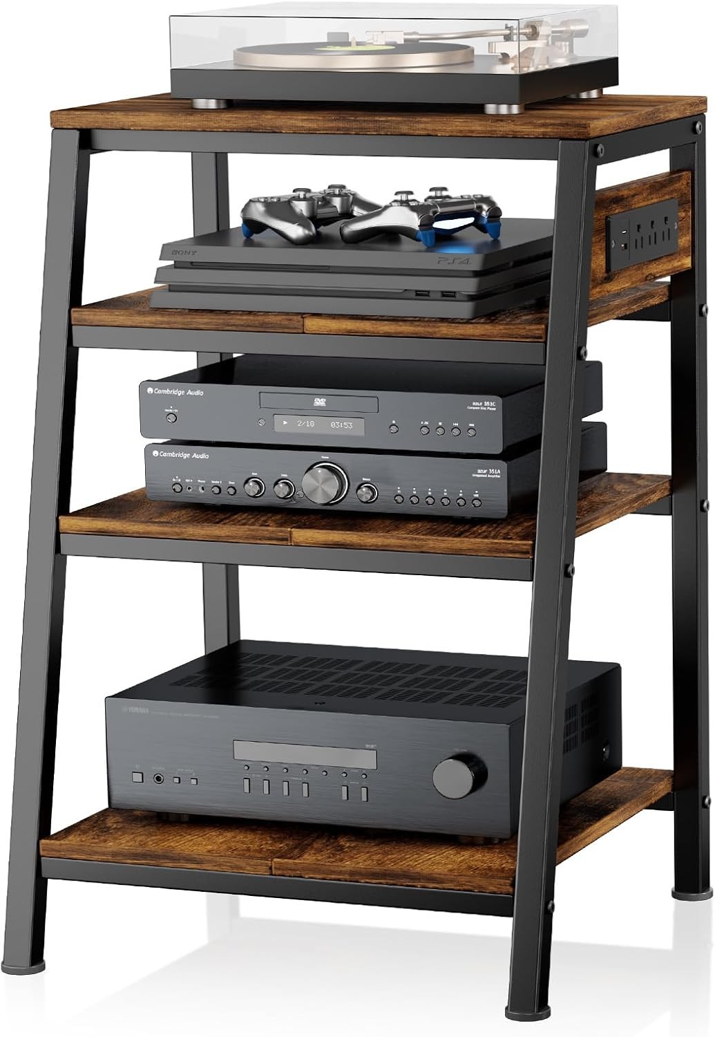 4-Tier AV Media Stand Stereo Cabinet Audio Rack W/ Side Power Strip & 2 Shelves