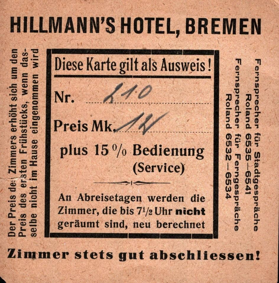 Hillmann's Hotel  Bremen Germany   Room ID Card  Daily Concerts Meals Telephone