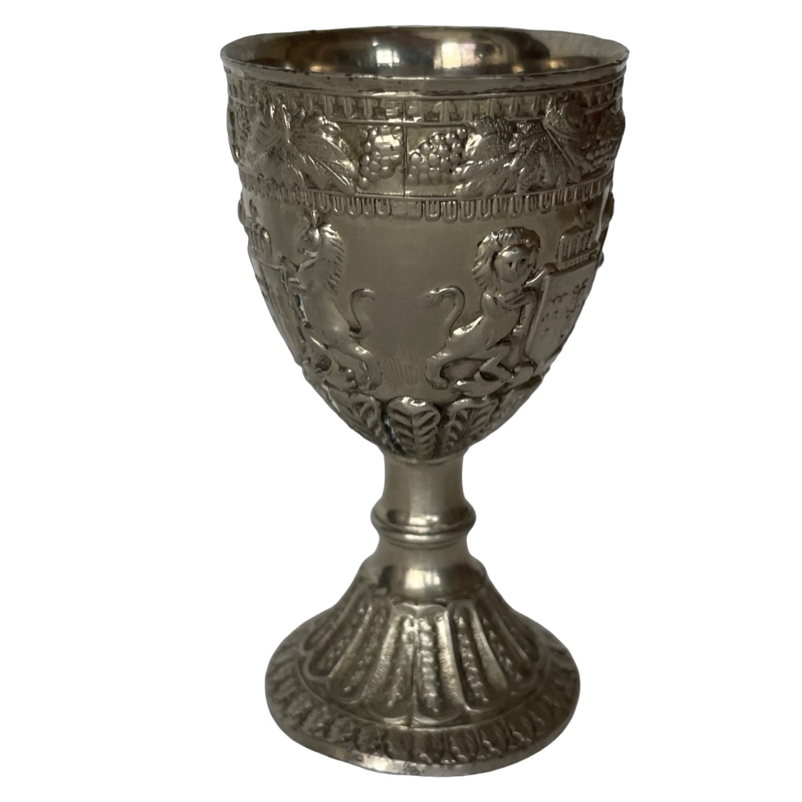 Wine Cordial Goblet Shot Glass Coat Of Arms Grape Lion Unicorn Silver Plate 3.5”