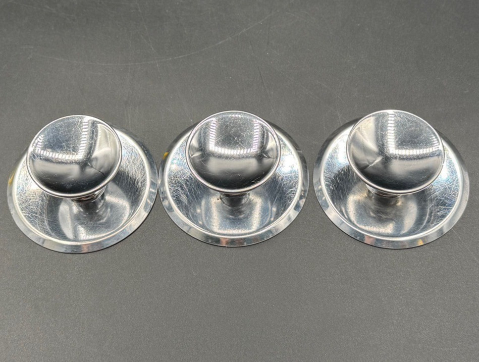 3 Vintage Chrome Concave Round Pull Knobs w/ Matching Backplates & Screws.