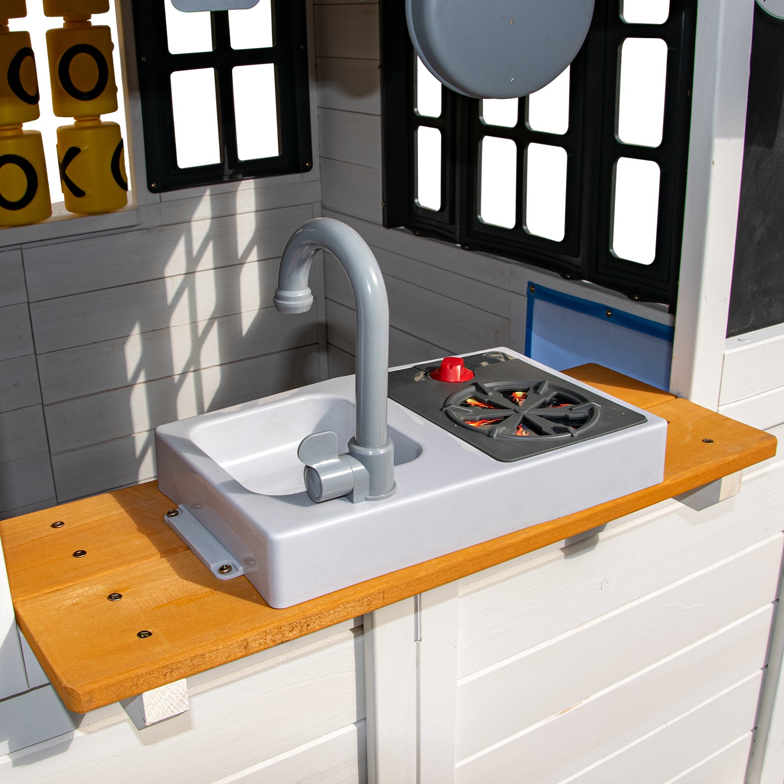 Kids Wooden Playhouse Outdoor Cottage Play Kitchen,Bench,Blackboard,Tic-Tac-Toe