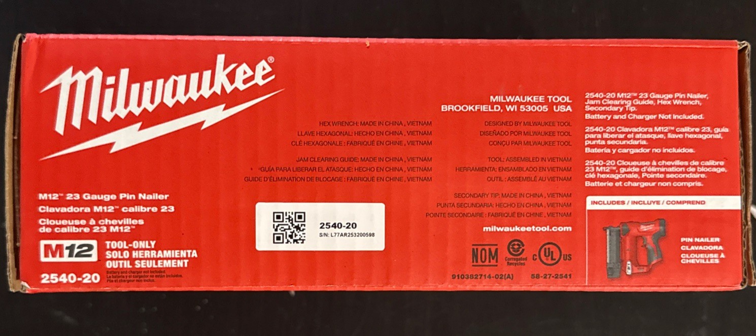 Milwaukee 2540-20 M12 12V 23 Gauge Compact Cordless Pin Nailer - Tool Only New