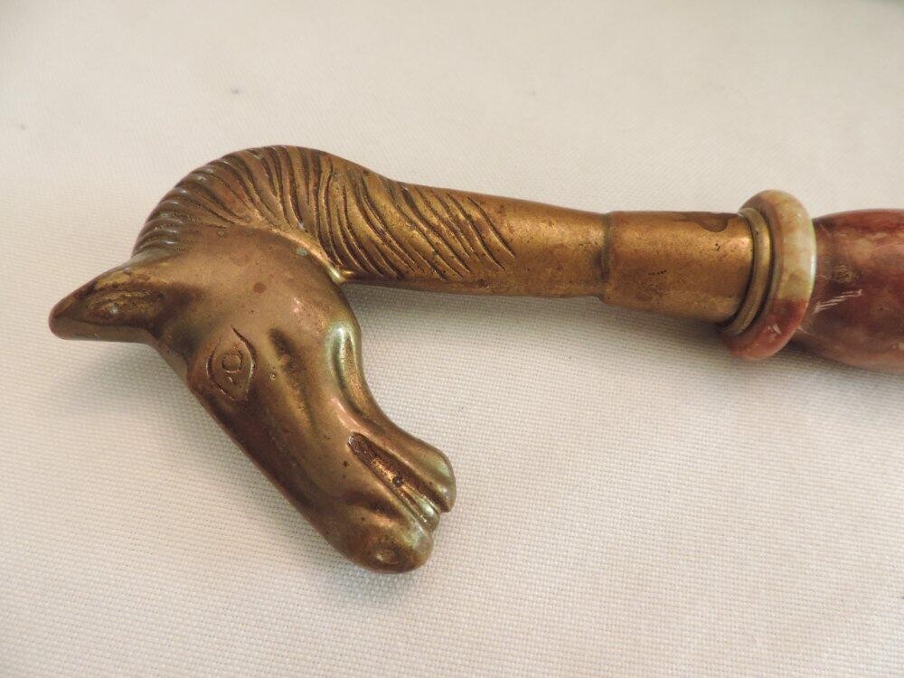 Large Vintage Brass Horse Head Stone Handled Desk Magnifying Glass 11"