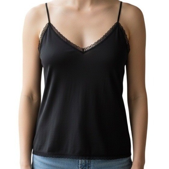 Eloise by Anthropologie Camisole Womens Small Black 100% Silk Lace Trim V-Neck