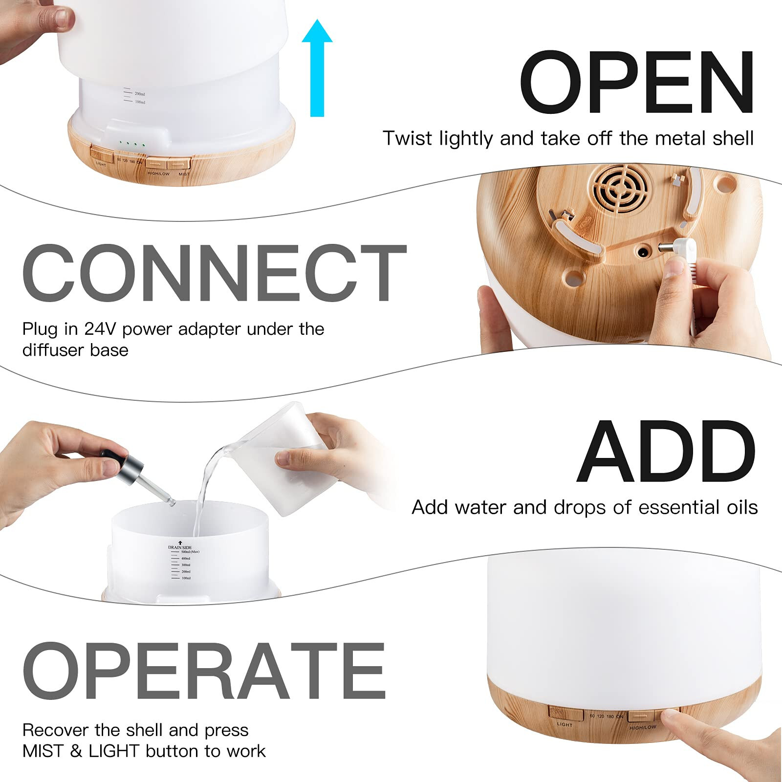 Essential Oil Diffuser 500ML Aromatherapy Diffuser Mist Humidifiers 7 Color LED