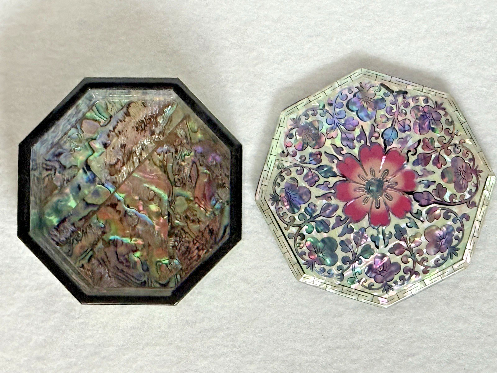 Floral ASIAN LACQUERED OCTAGON Trinket Jewelry BOX MOTHER OF PEARL INLAY