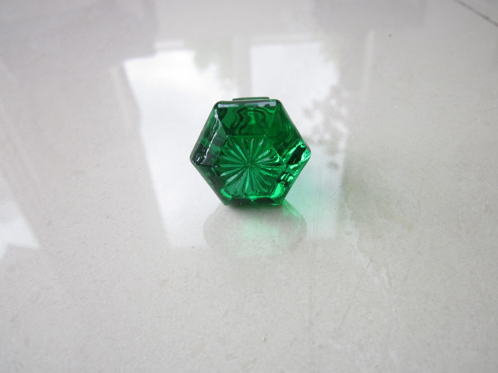 OLD STYLE EMERALD GREEN Threaded Glass Cabinet Drawer Knob Sandwich Glass