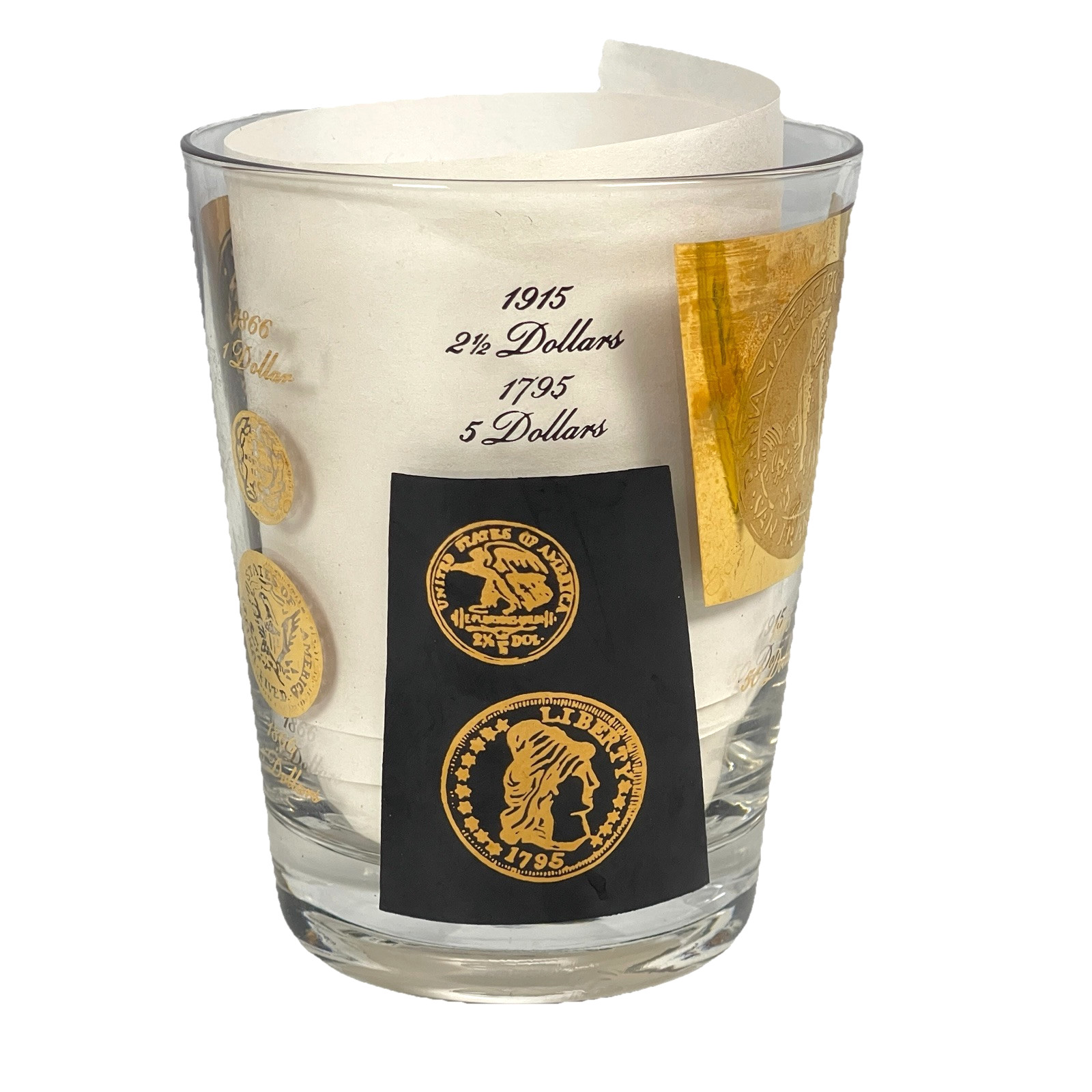 Cera Bob Wallack Gold Coin 6 Vtg Highball Glass Lot MCM Old Fashioned Cocktail