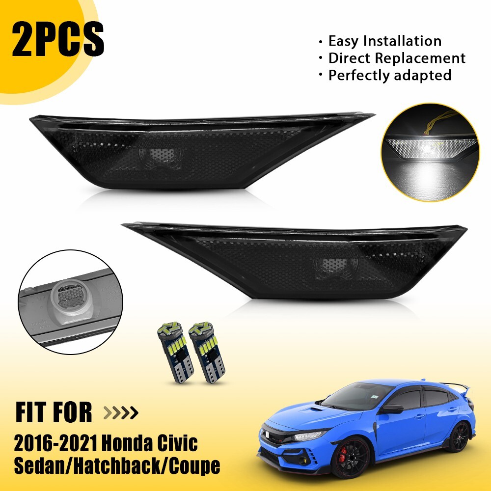 2PC For 2016-2021 Honda Civic Front LED Side Bumper Marker Smoked White LED EOA