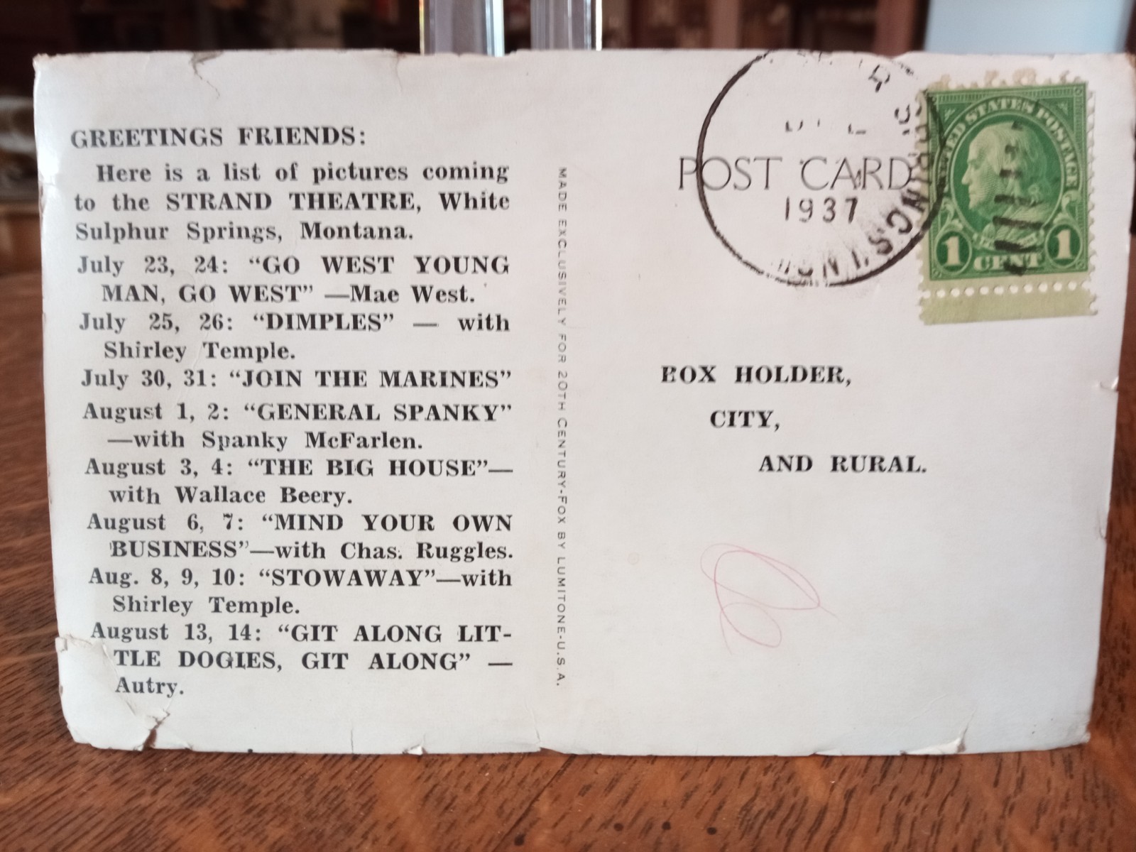 1937 US 1 Cent Green Franklin Stamp on Postcard with Shirley Temple Image