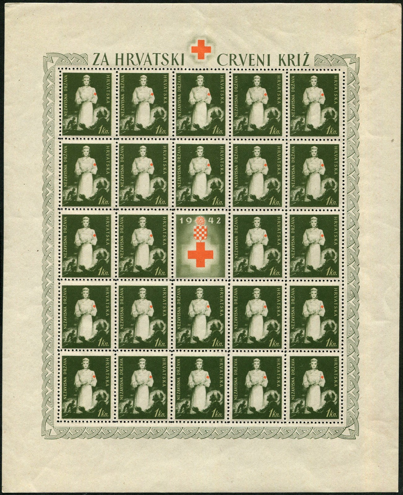 Croatia #RA1 Red Cross Nurse and Soldier 1kn Full Sheet of Postal Tax 1942 MLH