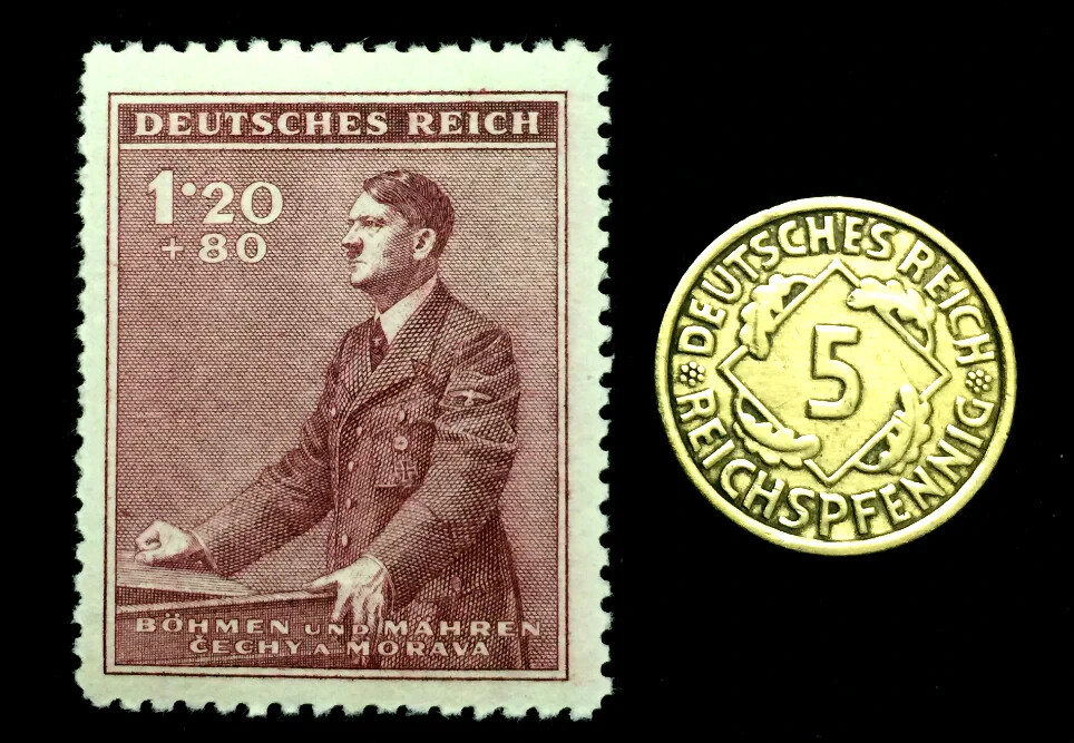 Authentic German WW2 Stamp & Antique 5 Pf Brass Coin - Historical Artifact