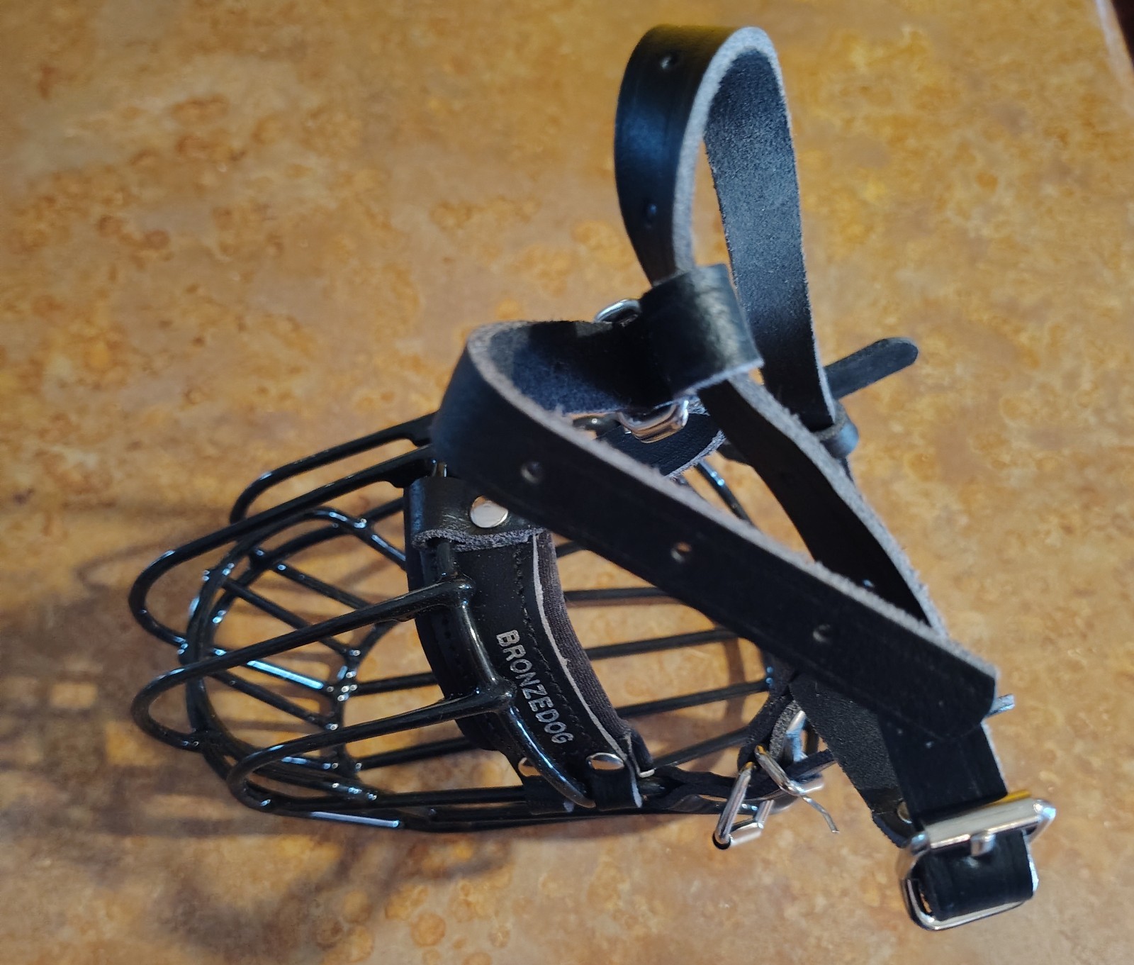 BRONZEDOG Dog Muzzle Metal Mask - Wire Basket - Adjustable leather Straps Large