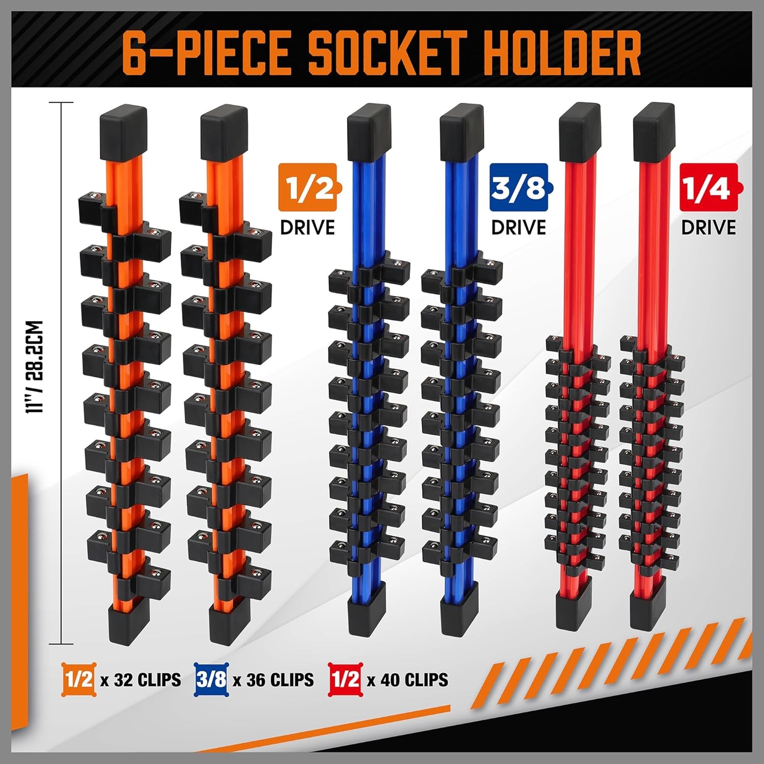 6PC Double Sided Socket Holder Organizer 1/4 3/8 1/2 Driver Shallow Deep Socket