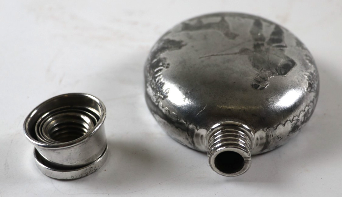 1888 Antique Silverplate Flask & Collapsible Cup/Lid w/ Monogram 5 1/2 x 4''