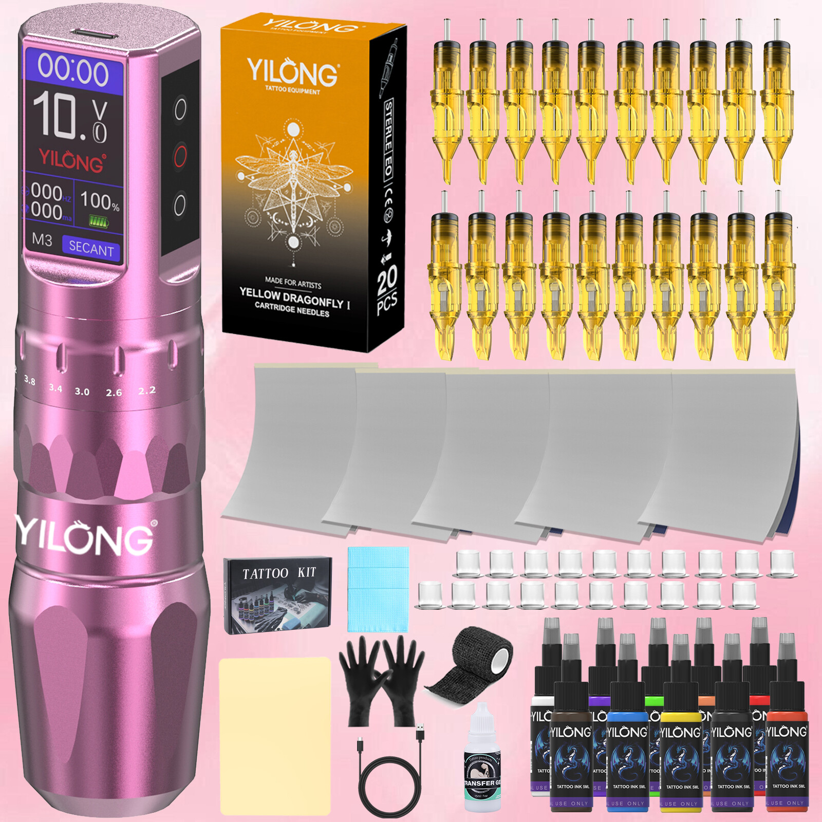 Tattoo Gun Kit Complete Adjustable 6-Stroke Rotary Pen Machine with Ink Needles