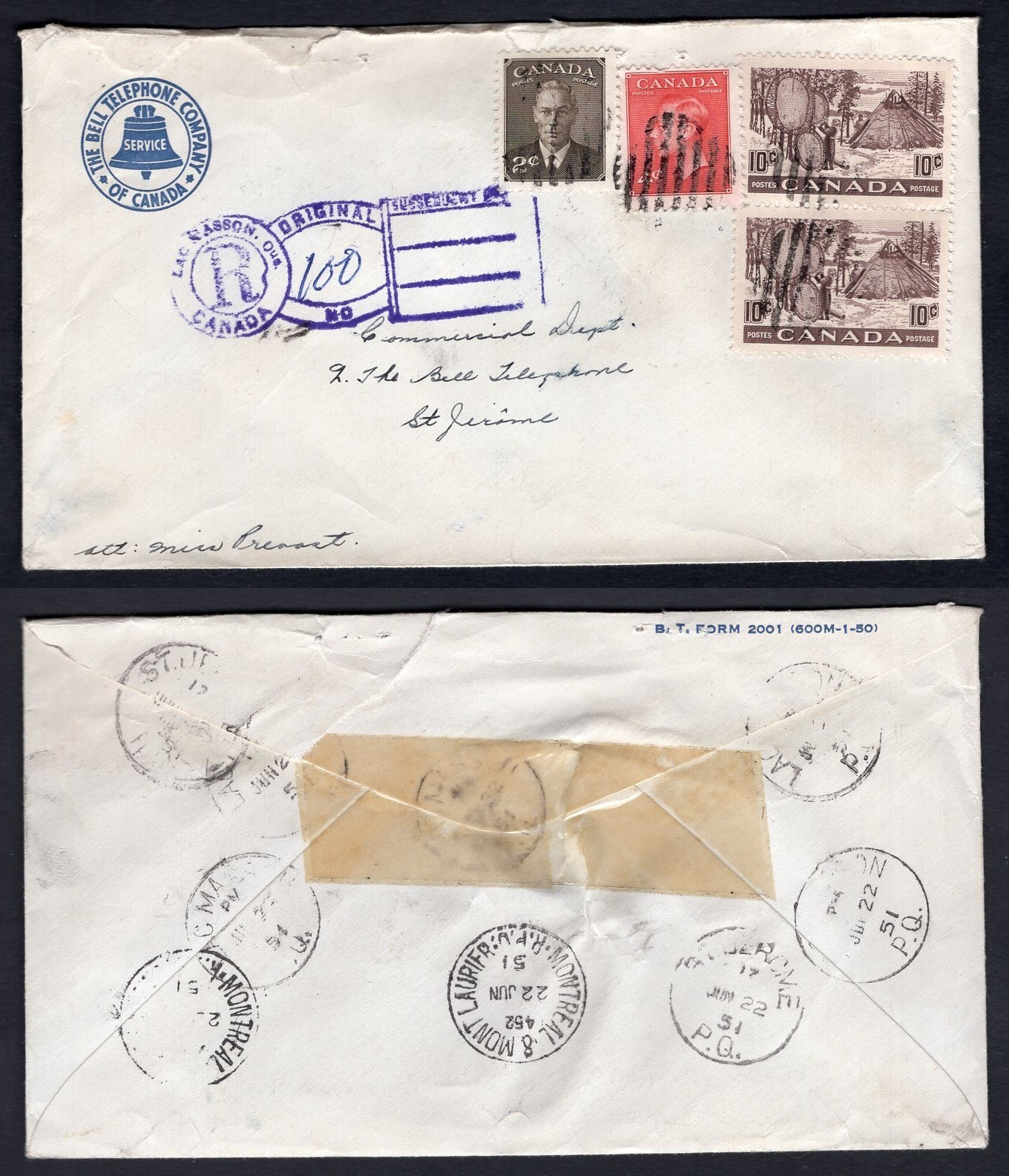 CANADA Lac Masson Quebec 1951 Keyhole Registered Cover; Bell Telephone Co; RPO