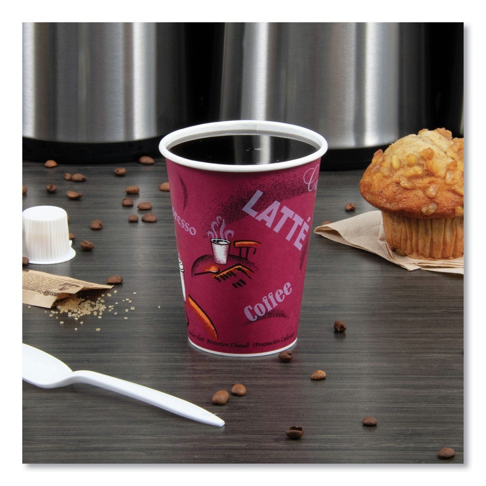 SOLO 412SINPK 12 oz. Paper Hot Drink Cups in Bistro Design - Maroon (50/PK) New