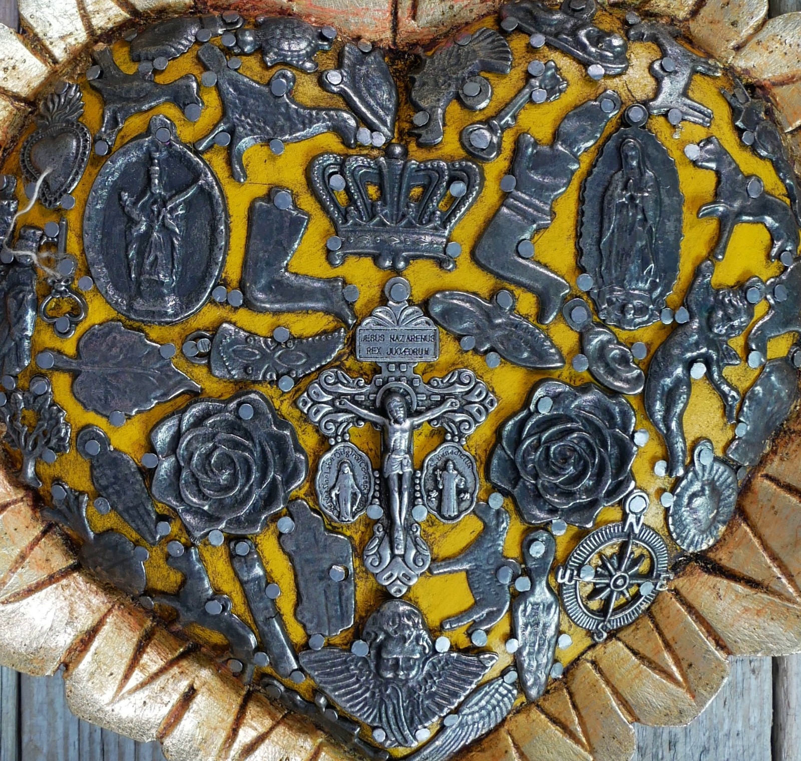 Heart With Gold Baby Feathers Milagros Wood Handmade Mexican Folk Art Love Token