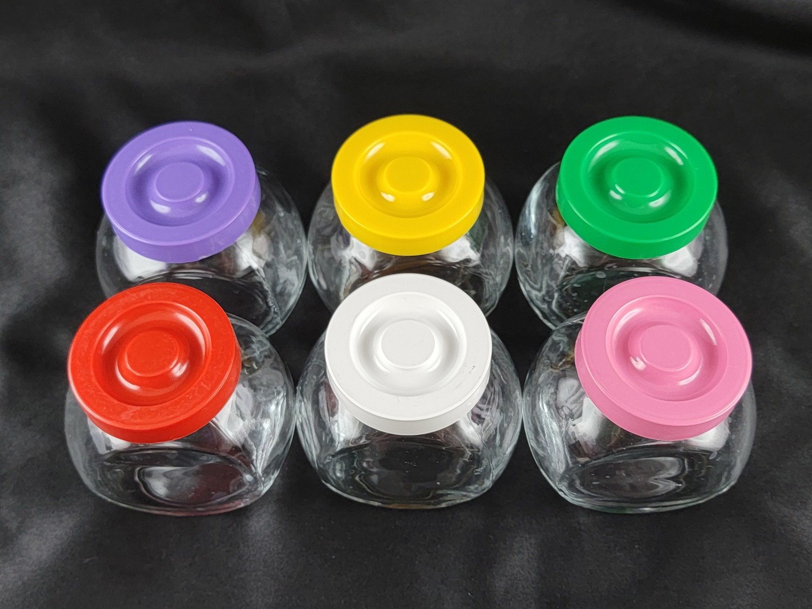 Mini Glass Jar Buttons Sewing Storage 2"x3"x3" Multicolor Lids Lot x6 Vintage