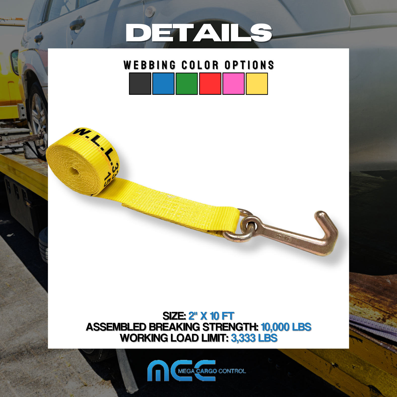 Heavy Duty G70 2" x 10' Mini J Hook Towing Trailer Wrecker Lasso Tie Down Strap