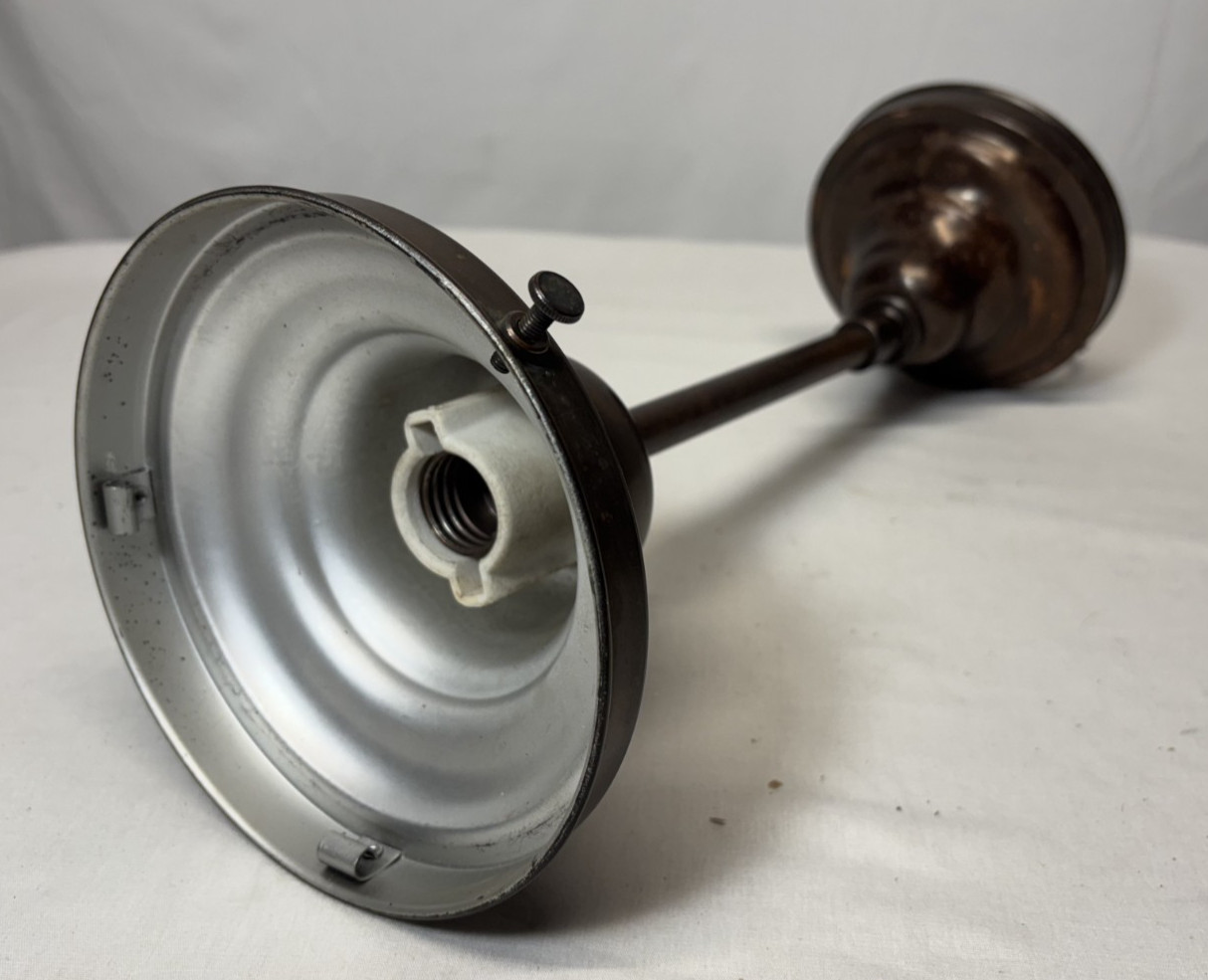 Schoolhouse Ceiling Light Fixture Vtg Art Glass Shade Black Stripes USA #L43