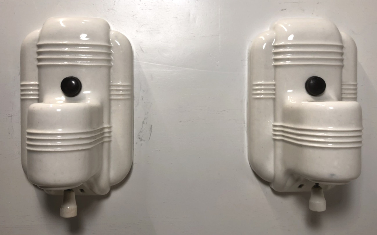 Vtg Porcelain Sconce Light Pair Bathroom Ceramic Wall Fixture Art Deco USA #L19
