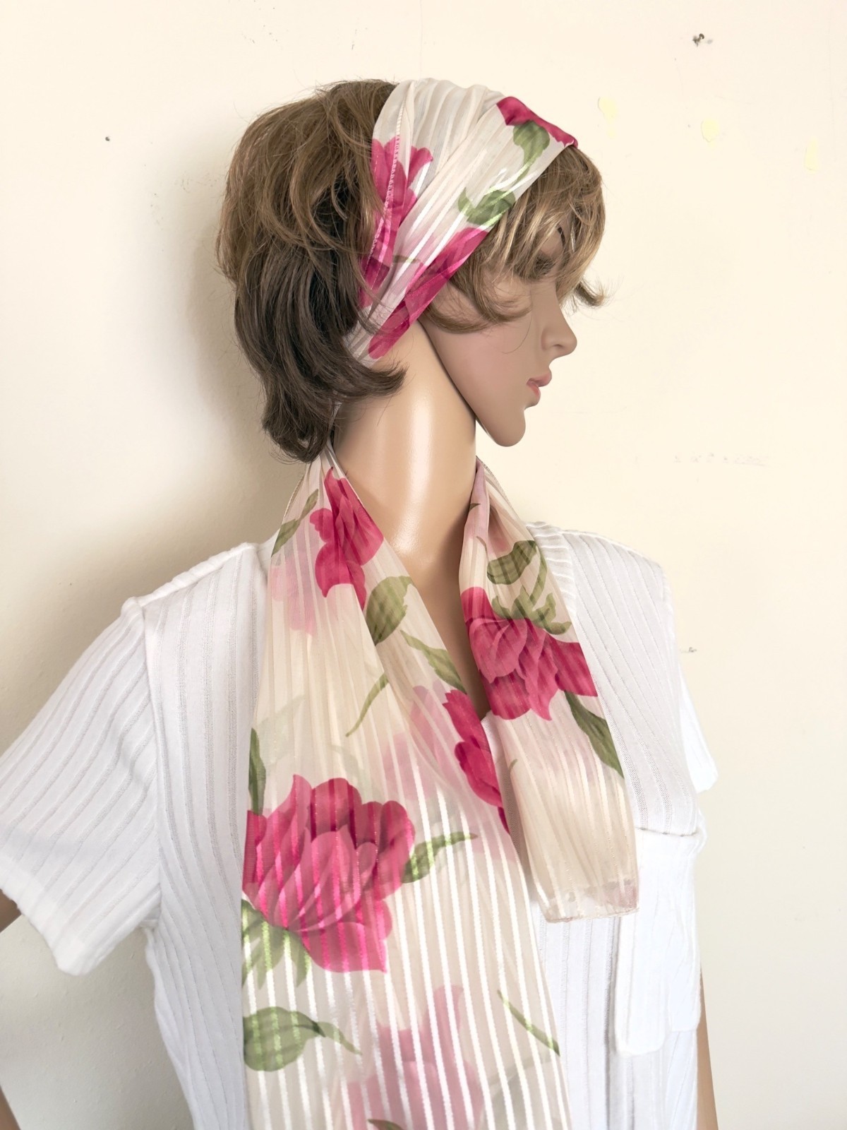 Vintage Pink Floral Sheer Stripe Scarf Korea Romantic Coquette Long 80s-90s