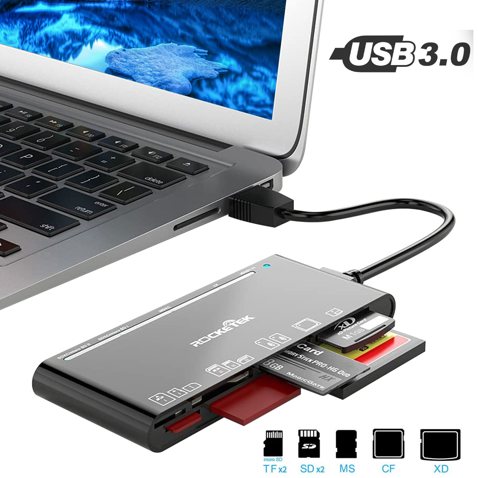 USB 3.0 Memory Card Reader, 7 in 1 Adapter Hub, for SD, CF, TF, Micro SD, XD, MS