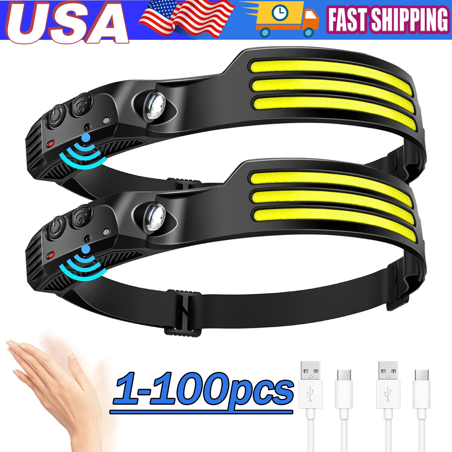 COB LED Headlamp USB Rechargeable Headlight Bar Head Band Torch Work Light 6000K