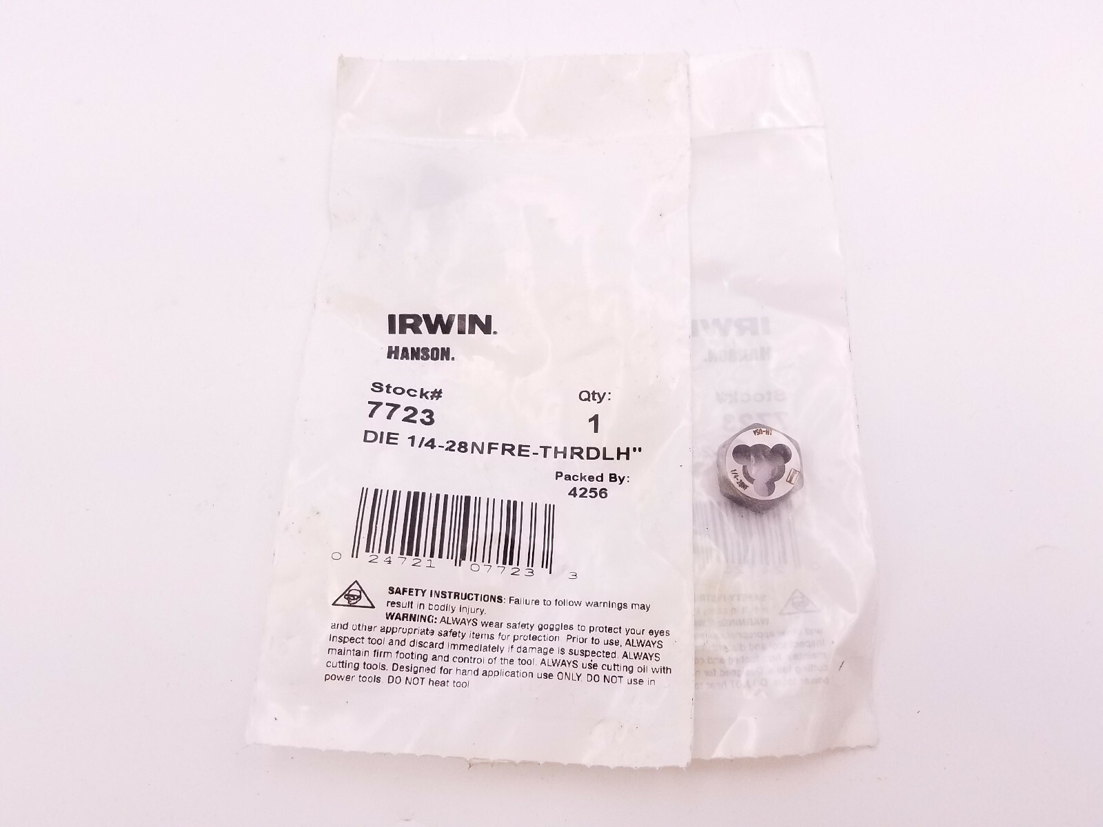 Irwin Hanson 7723 Die 1/4-28 NFRE - THRDLH Re-Threading 19/32" Hexagon Left-Hand
