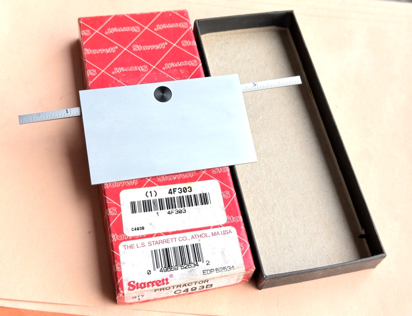 STARRETT No. C493B Satin Chrome Finish Steel Protractor/Depth Gage. USA Made!