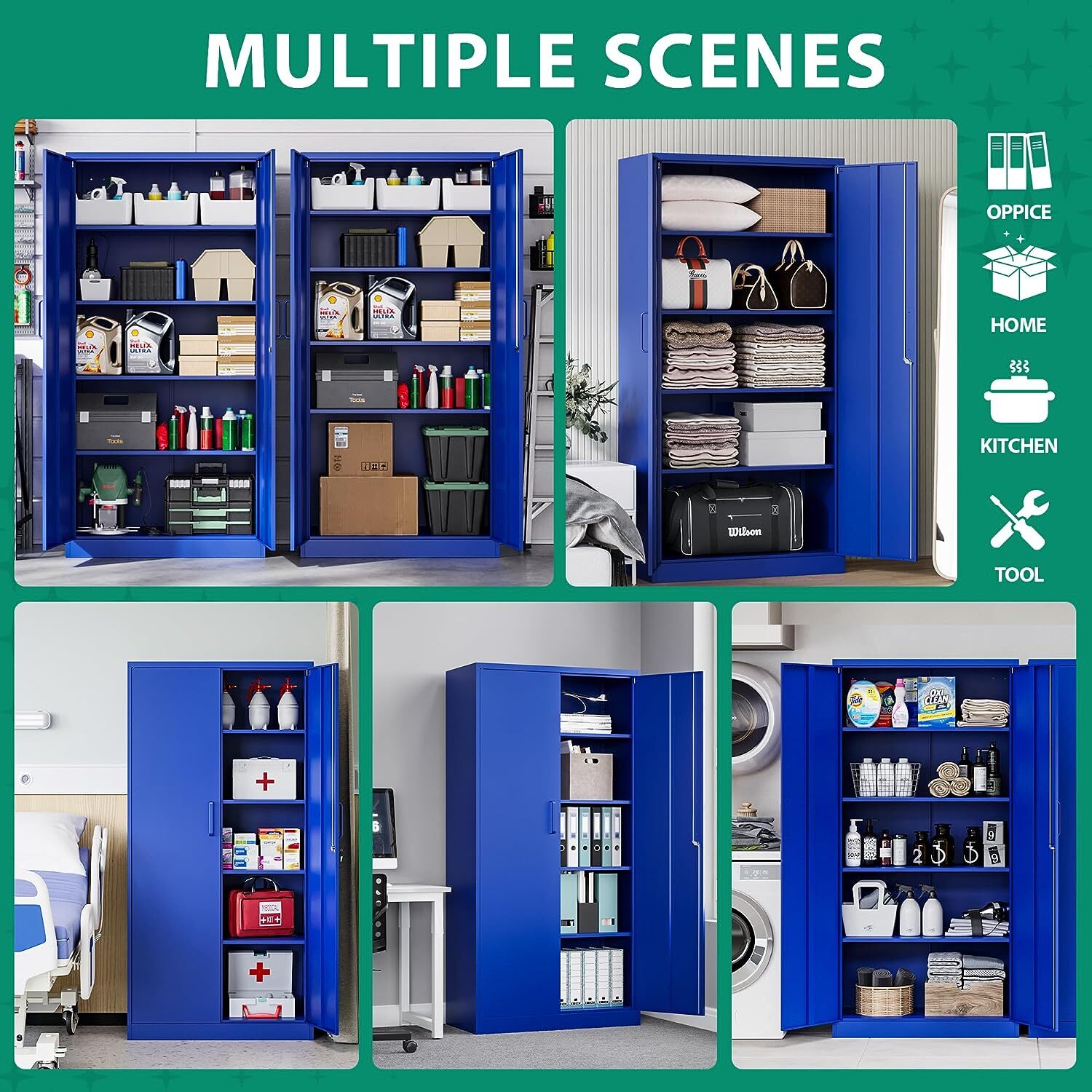 71" Metal Storage Cabinet with 4 Adjustable Shelves and Locking Door Home Garage