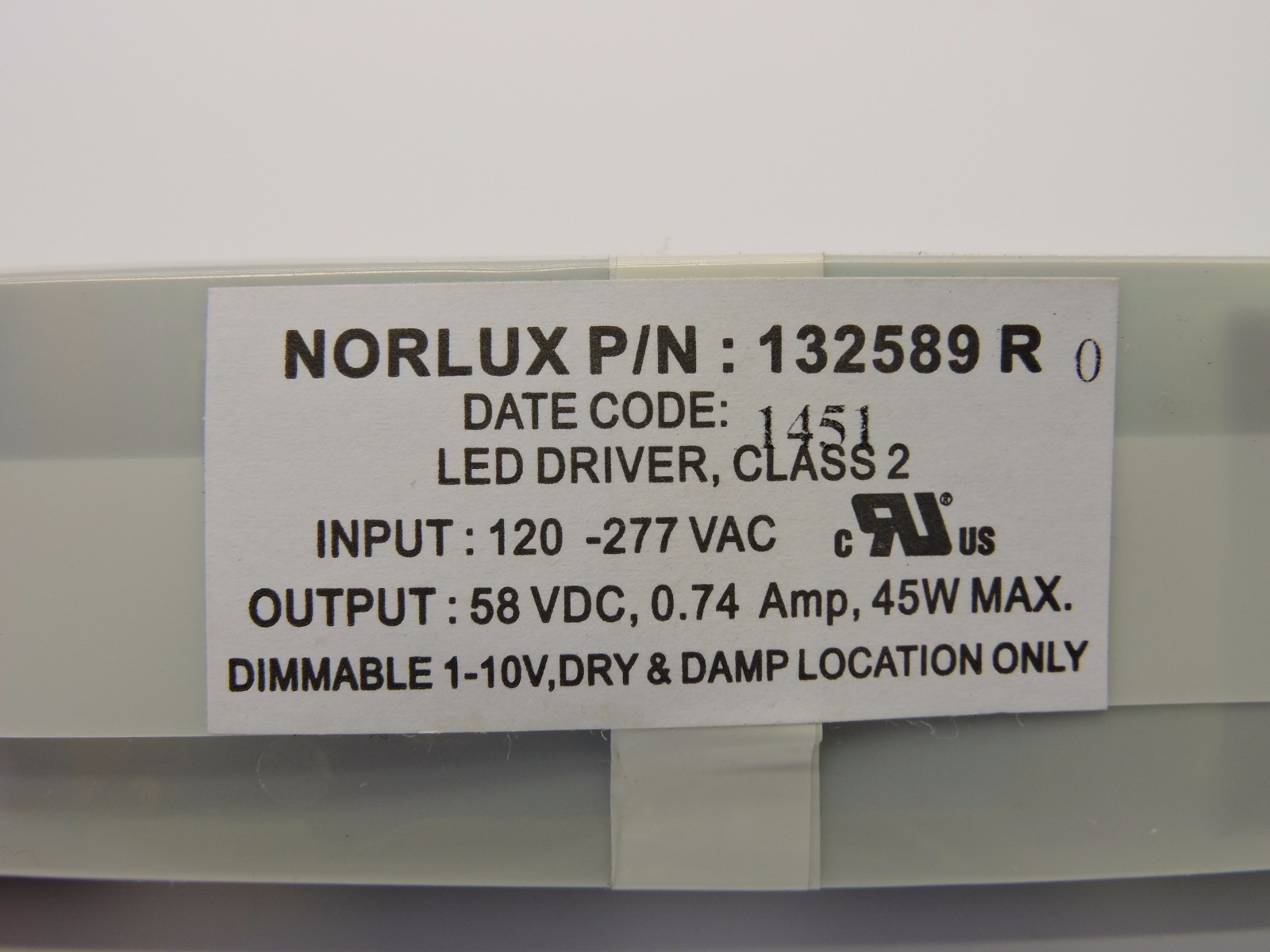 Norlux 132589 LED Driver 120-277VAC 58vdc 45W Max Dimmable 1-10v Dry or Damp