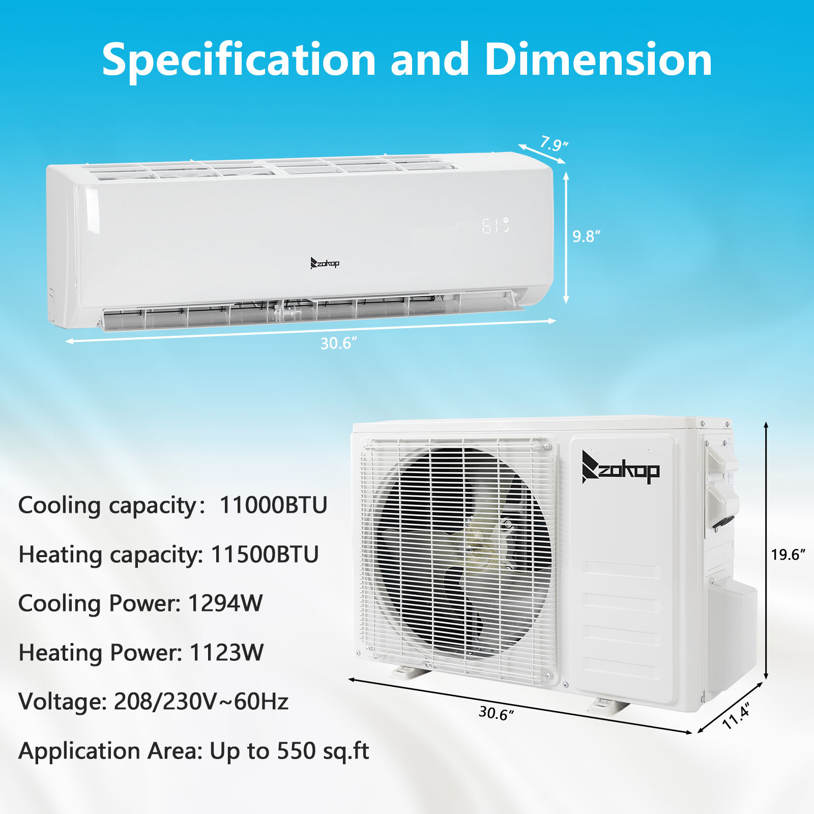11,000 BTU Ductless Mini Split Air Conditioner, Heat Pump With/AC Unit KIT, Wifi
